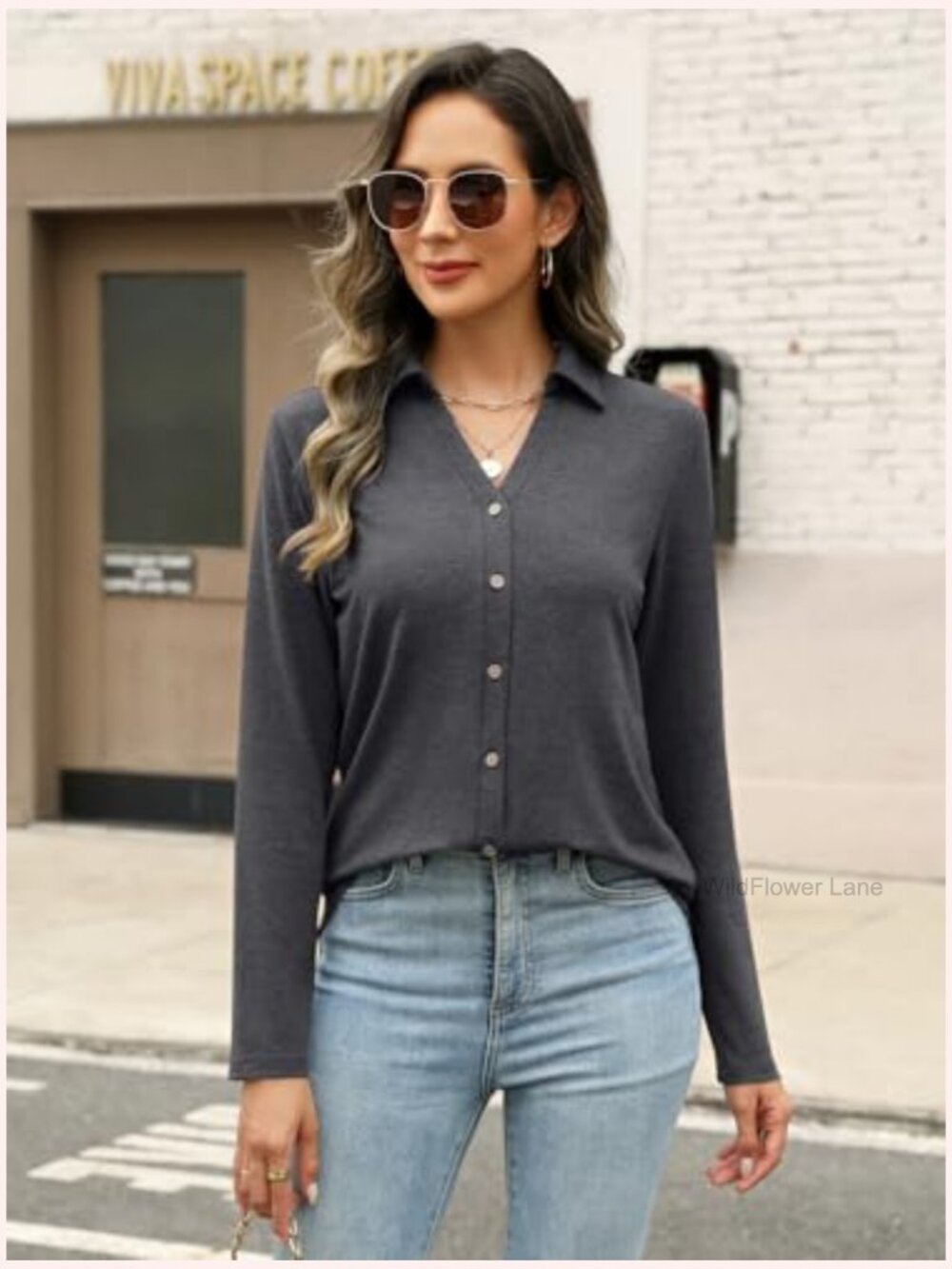 Long Sleeve Button Down Shirt Dressy Casual Tunic Top - Picture 2 of 7